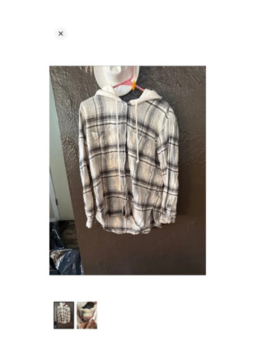 Women’s Hooded Plaid Button-Up Shirt Jacket - White & Gray